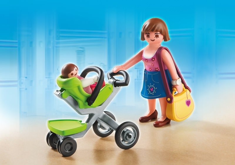Playmobil mother with child baby in pram buggy 